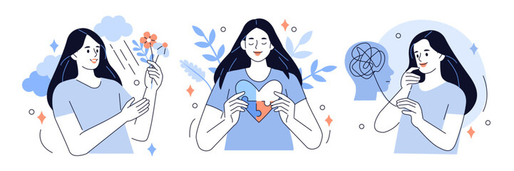 Woman taking care of her mental health, fight against stress, depression. Mental problems, selfcare and self acceptance concept set. Vector illustration.