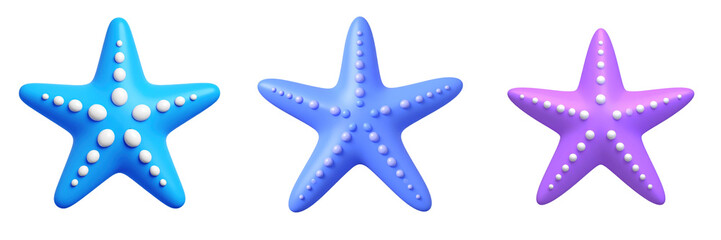 Three 3D Plastic Starfish Icons With White Spots in Blue Purple And Aqua Colors On Transparent Background