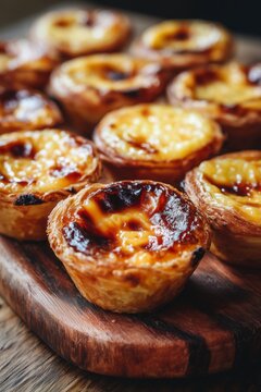 Description:
Traditional Portuguese pastel de nata pastries, golden, crispy custard tarts with caramelized tops. Food photography