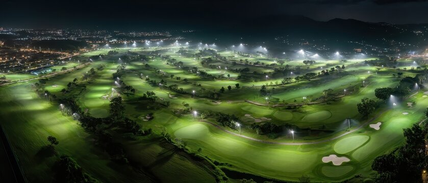 A night view of a golf course with lights