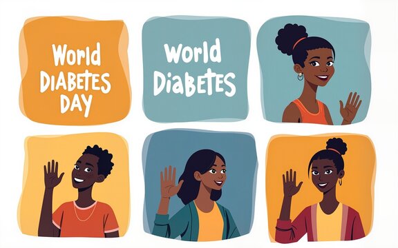 Composite of world diabetes day text and squares with african american man waving hand at home. High quality - Powered by Adobe