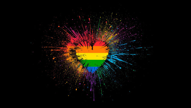 A vibrant rainbow heart bursts with color, symbolizing LGBTQ+ pride and love.