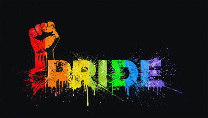 Colorful PRIDE text with raised fist in rainbow colors on a black background.