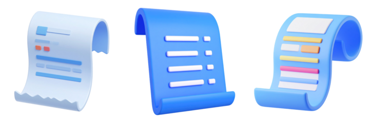 3D Plastic Style Receipts Icon Set on Transparent Background with Light Blue and White Details Representing Financial Documents