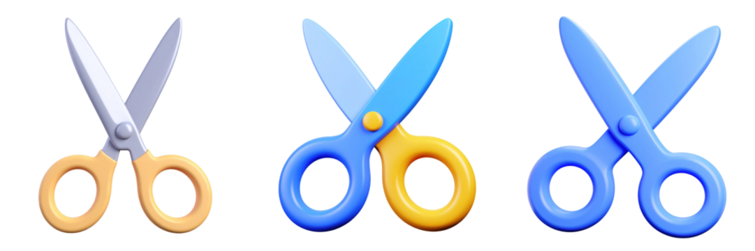3D Plastic Style Scissors Set in Various Colors on Transparent Background for Creative Design and Cutting Concepts