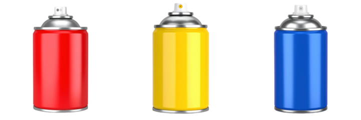 Vibrant 3D Plastic Style Spray Paint Cans Isolated On Transparent Background Representing Creative Tools and Artistic Concepts
