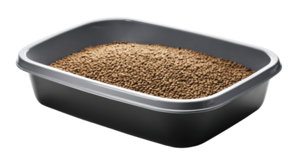 Rectangular gray plastic litter box filled with light brown granular litter