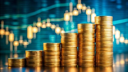 Stacks of Gold Coins Ascending Against a Blurred Stock Market Chart Background Representing Financial Growth