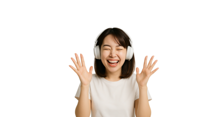 Happy woman with headphones on transparent background png