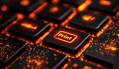 Illuminated Print Key on Keyboard with Vibrant Orange Glow Effect