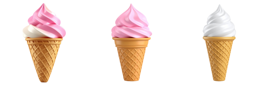 3D Plastic Style Ice Cream Cones Trio With Strawberry And Vanilla Flavor Isolated Against Transparent Background - Powered by Adobe