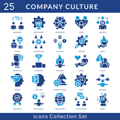Company Culture icon set collection in solid glyph style. an icon pack contain determination, participation, family, adaptation, learning, mutual friends, autonomy, creativity, passion, achievement