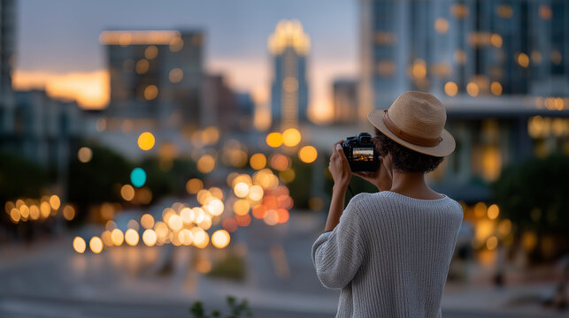City Photographer Capturing Urban Skyline at Sunset