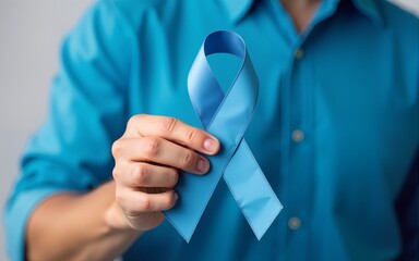 November Prostate Cancer Awareness month, Man in blue shirt with hand holding Blue Ribbon for supporting people living and illness. Healthcare, International men, Father and World cancer day concept