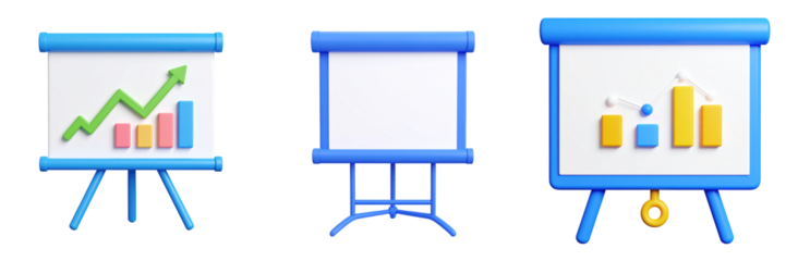 3D Plastic Style Presentation Icons With Data Charts on White Boards Displaying Growth and Analysis on Transparent Background