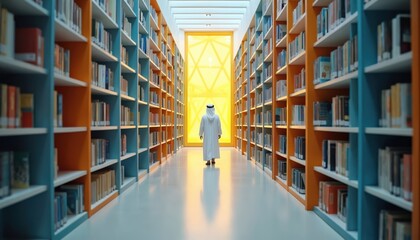 Saudi student in traditional white thawb walks down modern library aisle. Towering bookshelves filled with literature line path toward bright yellow geometric window, knowledge, discovery in Gulf