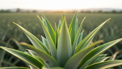 Close-up of a vibrant green pineapple plant crown against a sunlit agricultural field at sunset.