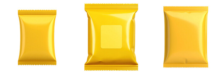 Three 3D Plastic Style Yellow Snack Packs Isolated On Transparent Background Featuring Various Shapes and Sizes