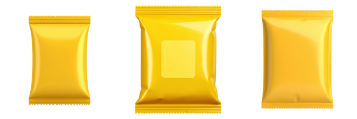 Three 3D Plastic Style Yellow Snack Packs Isolated On Transparent Background Featuring Various Shapes and Sizes