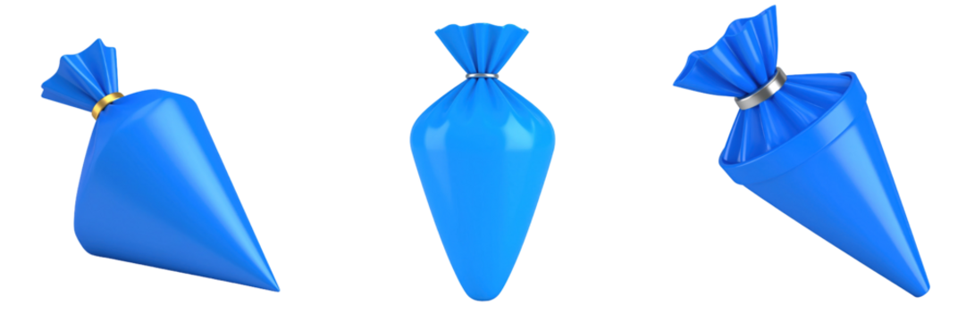 3D Plastic Style Piping Bag Collection In Blue Color with Metallic Ring on Transparent Background