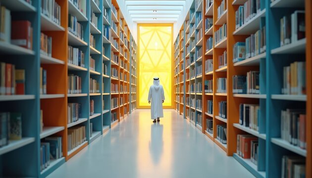 Saudi student in traditional white thawb walks down modern library aisle. Towering bookshelves filled with literature line path toward bright yellow geometric window, knowledge, discovery in Gulf