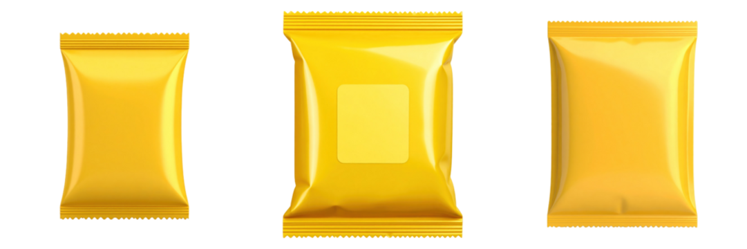 Three 3D Plastic Style Yellow Snack Packs Isolated On Transparent Background Featuring Various Shapes and Sizes
