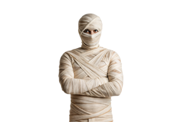 Confident mummy character standing with arms crossed wearing neat white bandage wrappings around entire body, isolated on a transparent background