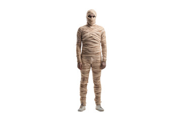 Full body mummy costume wrapped in beige linen strips from head to toe including legs, isolated on a transparent background
