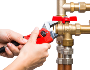 Using Wrench to Fix Plumbing Pipe, Angled Action Shot, Isolated PNG
