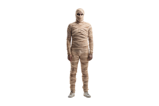 Full body mummy costume wrapped in beige linen strips from head to toe including legs, isolated on a transparent background