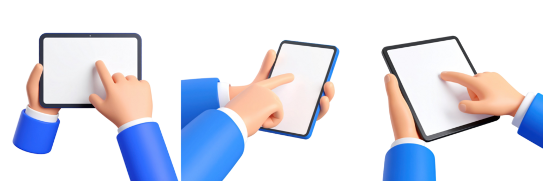 Three Stylized Hands Interacting With Tablet Screens Depicting Blue Sleeves and White Screens Showing Digital Interface