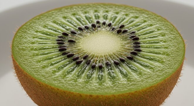 Close-up of a sliced kiwi fruit, showcasing the vibrant green flesh and tiny black seeds arranged in a symmetrical pattern