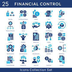 Financial Control icon set collection in solid glyph style. an icon pack contain cost, benefit, analysis, inflation, loan, profit margin, resource allocation, saving, value