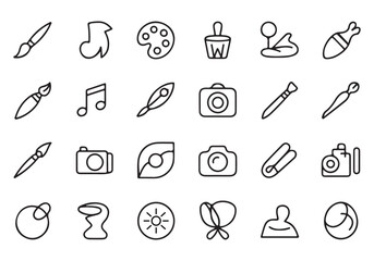Collection of black outline icons representing art photography music and nature elements painting brush