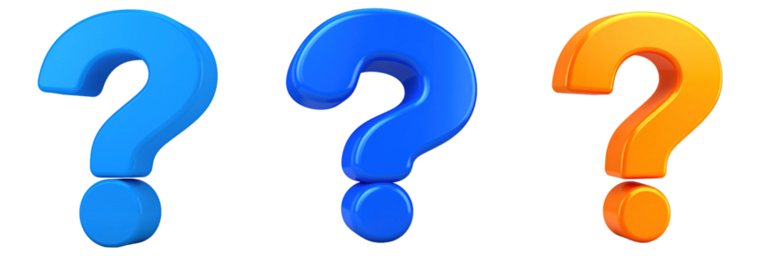 3D Plastic Style Question Mark Icons In Vibrant Blue And Orange Colors On Transparent Background Symbolizing Inquiry And Decisions