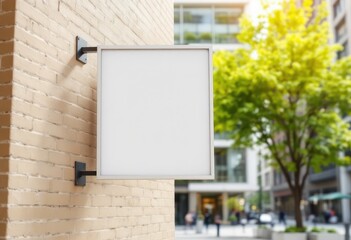A blank, square, white sign hangs on a light tan brick wall, affixed with dark metal brackets.  The background is blurred, showing city buildings and green foliage