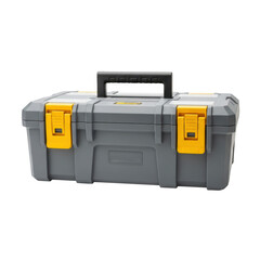 Gray and yellow plastic toolbox with a black handle isolated on transparent background