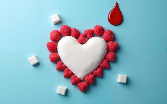 World diabetes day, 14 november, awareness banner with red, blood, drop. and heart made of sugar cubes. concept with copy space on blue background. High quality
