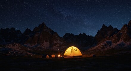 A serene, illuminated campsite nestled within a mountain range under a starry night sky. A campfire glows warmly near a yellow tent