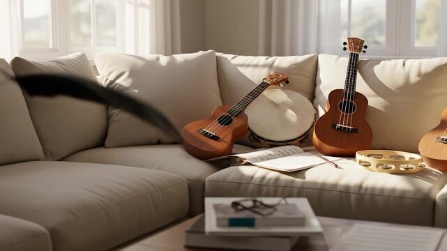Cozy Living Room Scene with Ukuleles and Percussion Instruments