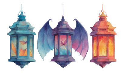 Obraz premium Colorful Lanterns with Bat Wings on Transparent Background
