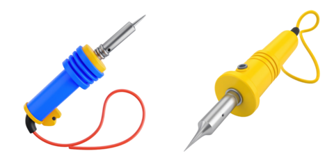 3D Plastic Style Soldering Irons Isolated on Transparent Background with Blue and Yellow Handles and Red and Yellow Wires