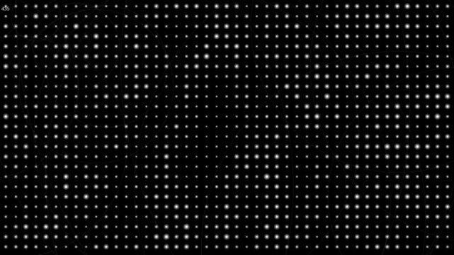 looping animation of grid of evenly spaced white particles (dots) on black background 