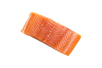 Premium salmon steak cut showing natural muscle striations and rich orange coloring throughout, isolated on a transparent background