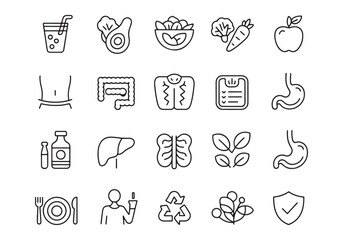 Collection of thin line icons representing healthy lifestyle food and body organs healthy food