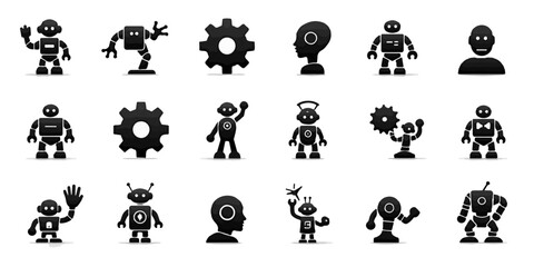 Fototapeta premium Silhouette Set of AI technology and robotics icons with robots, gears, neural networks, circuit boards, and smart assistants