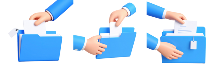 Cartoon Hands Placing Paper In A Blue Folder On Black Background Displaying Office Document And Information