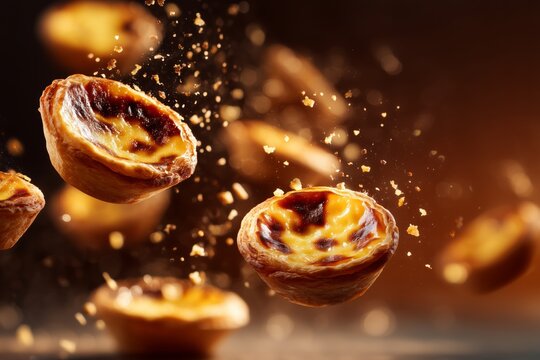 Description:
Traditional Portuguese pastel de nata pastries, golden, crispy custard tarts with caramelized tops. Food photography