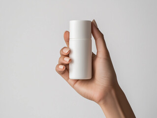 Hand holding blank white deodorant stick isolated on gray background. Cosmetic packaging mockup with deodorant container. Minimalist white plastic deodorant stick for branding design