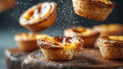 Description:
Traditional Portuguese pastel de nata pastries, golden, crispy custard tarts with caramelized tops. Food photography